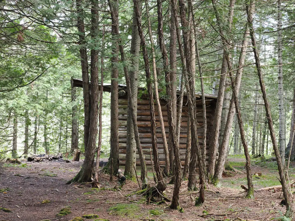 A rustic lean-to along the trail